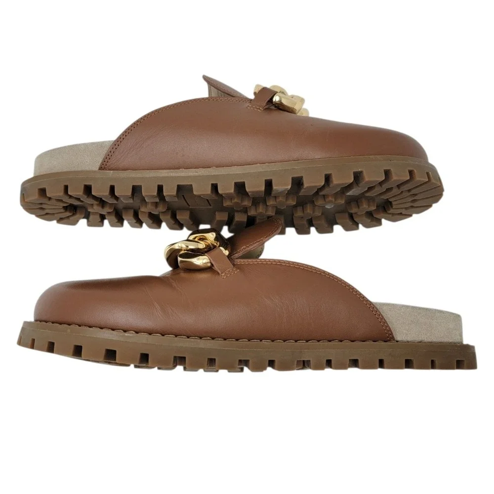 Michael Kors Clogs Mules Womens Size 7.5 Scarlett Gold‎ Chain in Luggage Brown